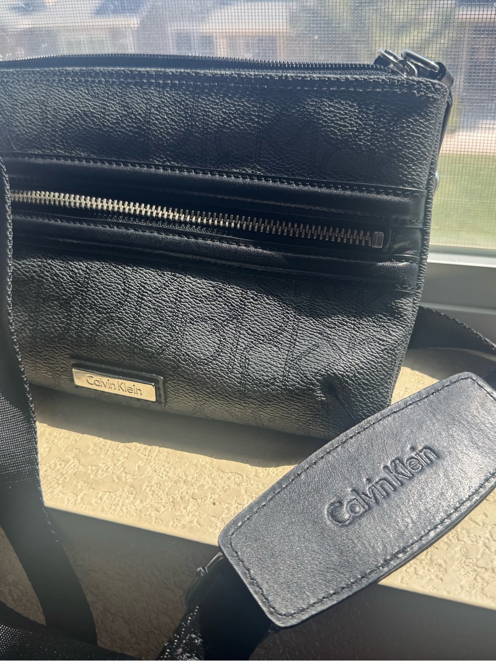 Calvin Klein Black Textured Crossbody Messenger Bag with Branded Strap